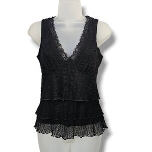 Y2K Lace Top XS Black V-Neck Tiered Ruffle Sleeveless Blouse Whimsigoth Coquette